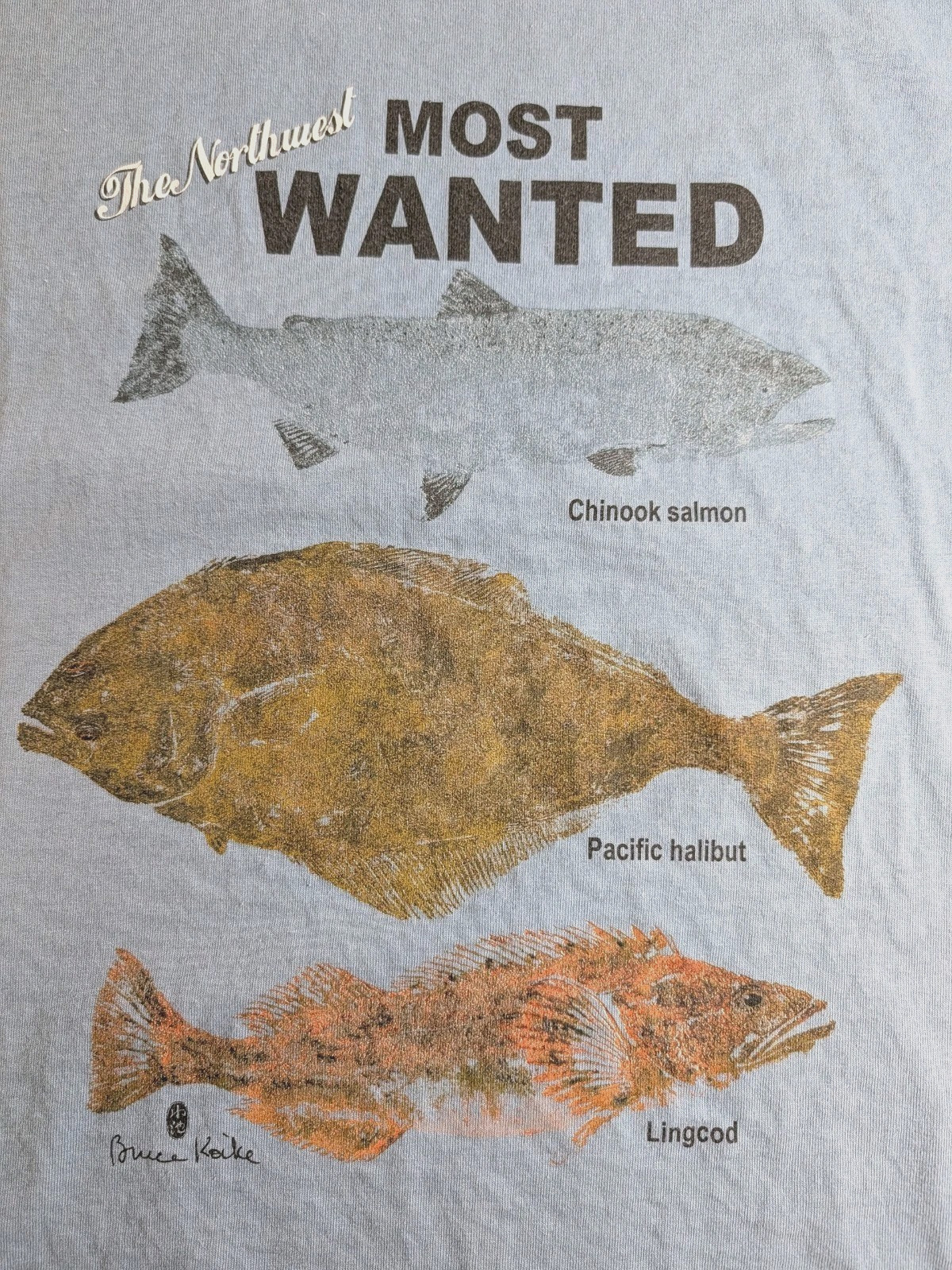 Men’s Large “Northwest Most Wanted” Ocean Fish Fishing Blue SS Cotton T-Shirt