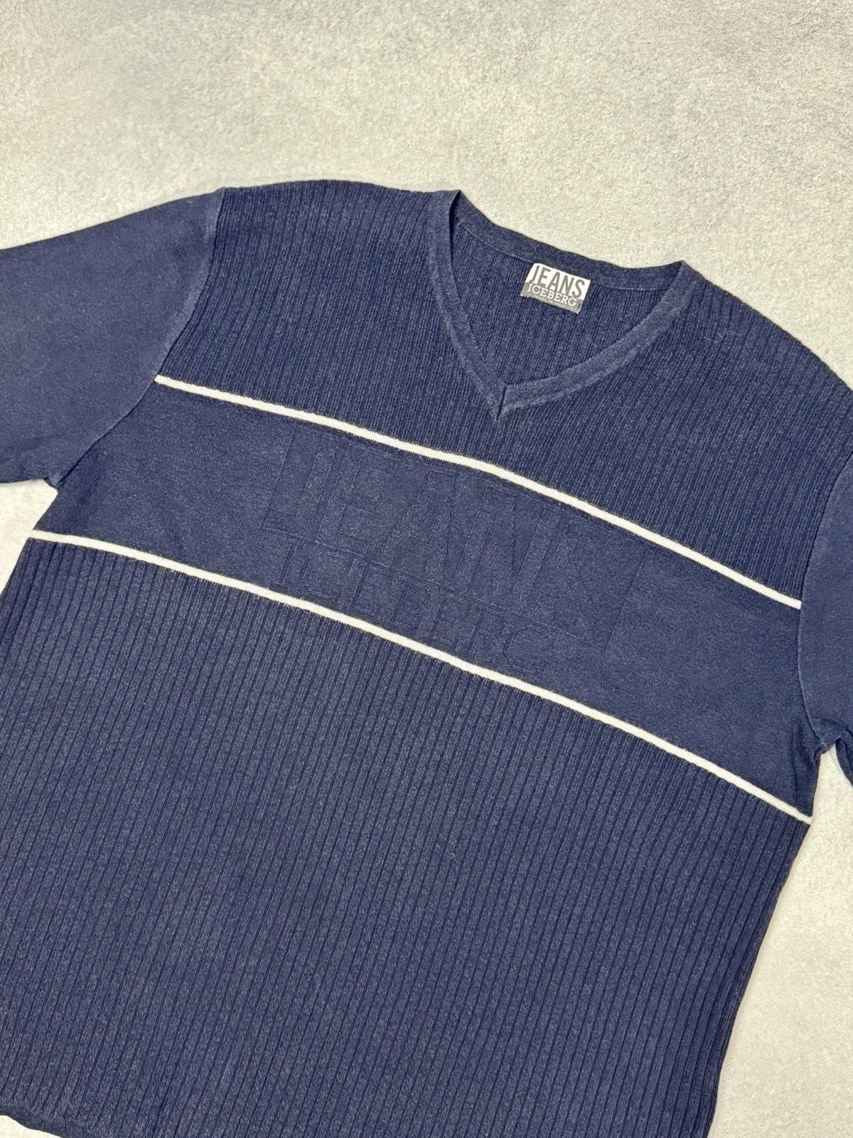 Vintage ICEBERG Jeans T Shirt Knit Blue Short Sleeve Men's Size XL gallery