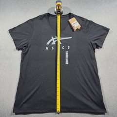 ASICS Stripes V-Neck Short Sleeve Graphic Logo T-Shirt Black XXL Cotton Blend