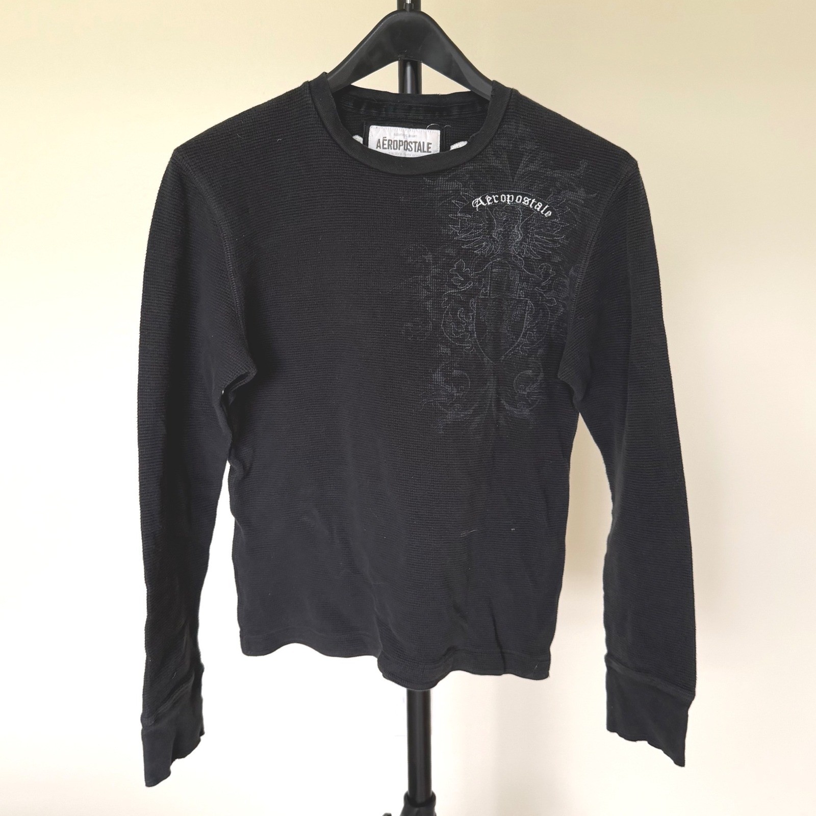 Y2K Aeropostale Black Waffle Knit Thermal Shirt Gothic Logo Biker Medium gallery