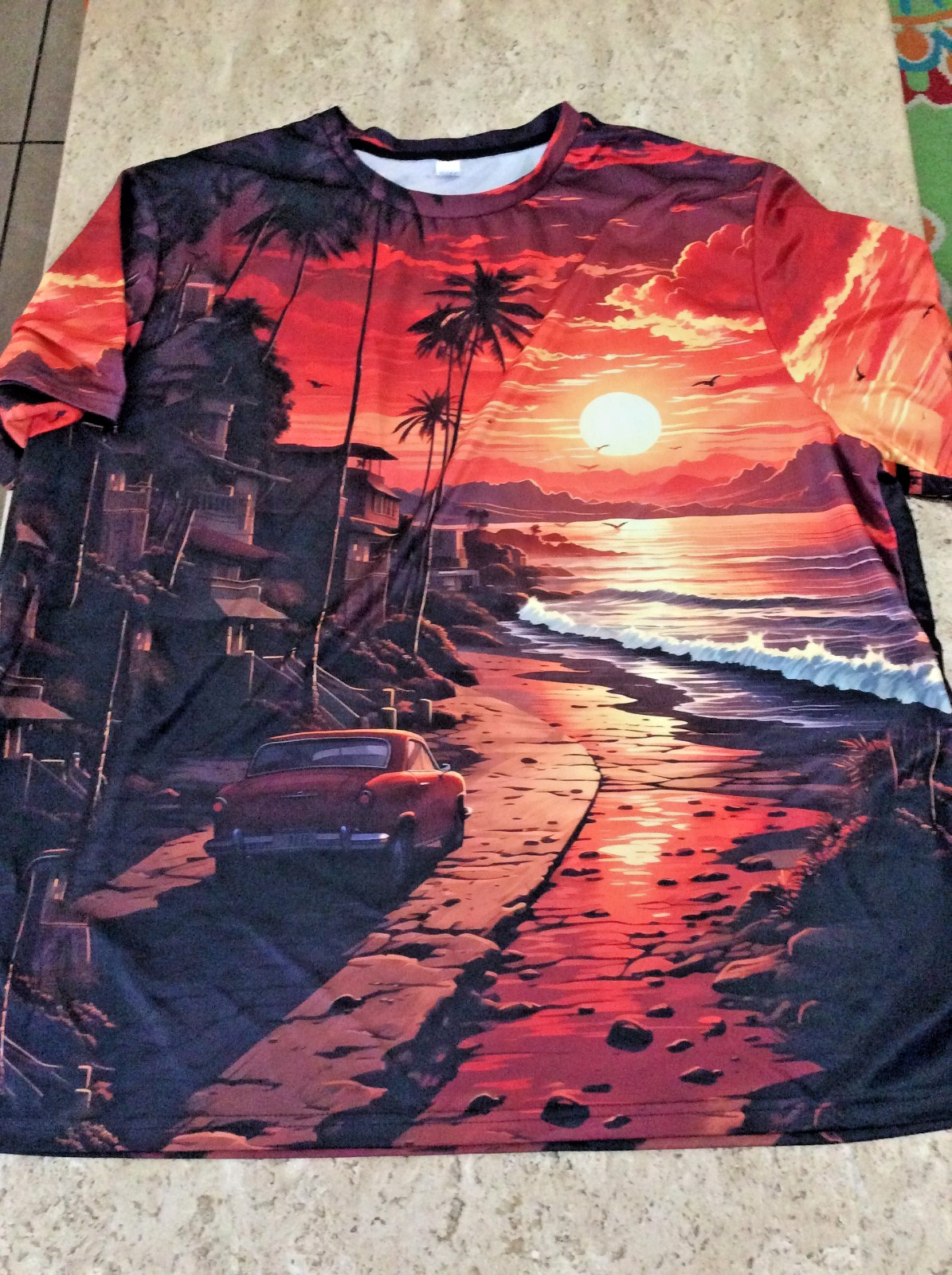 ADULT MEN’S 4X Miami Sunset Beach T-shirt TEE Lightweight rayon Vivid Graphics