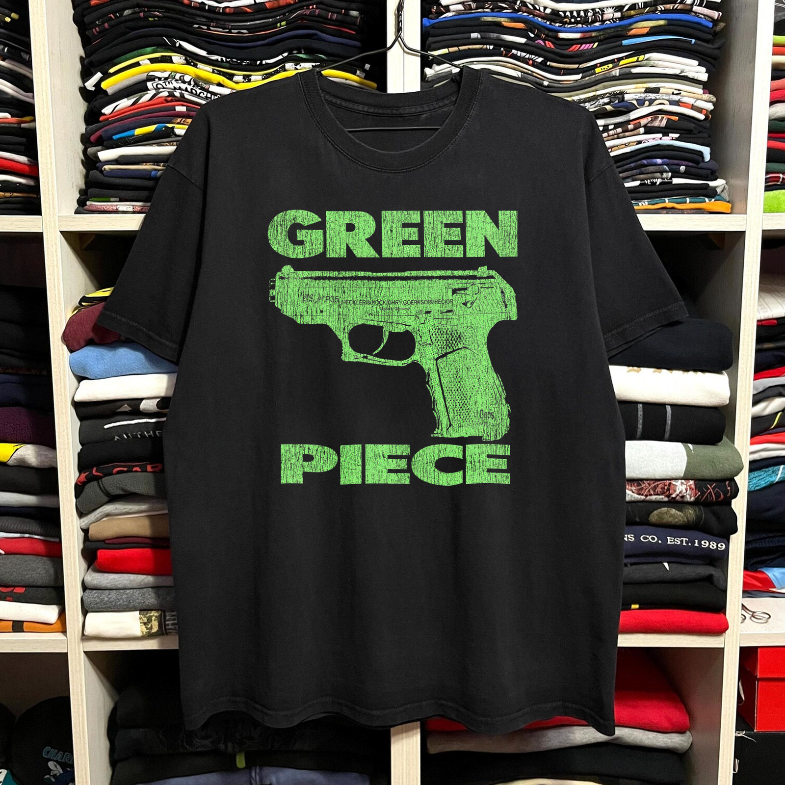 Rare Parody Green Piece Washed T-Shirt Black L