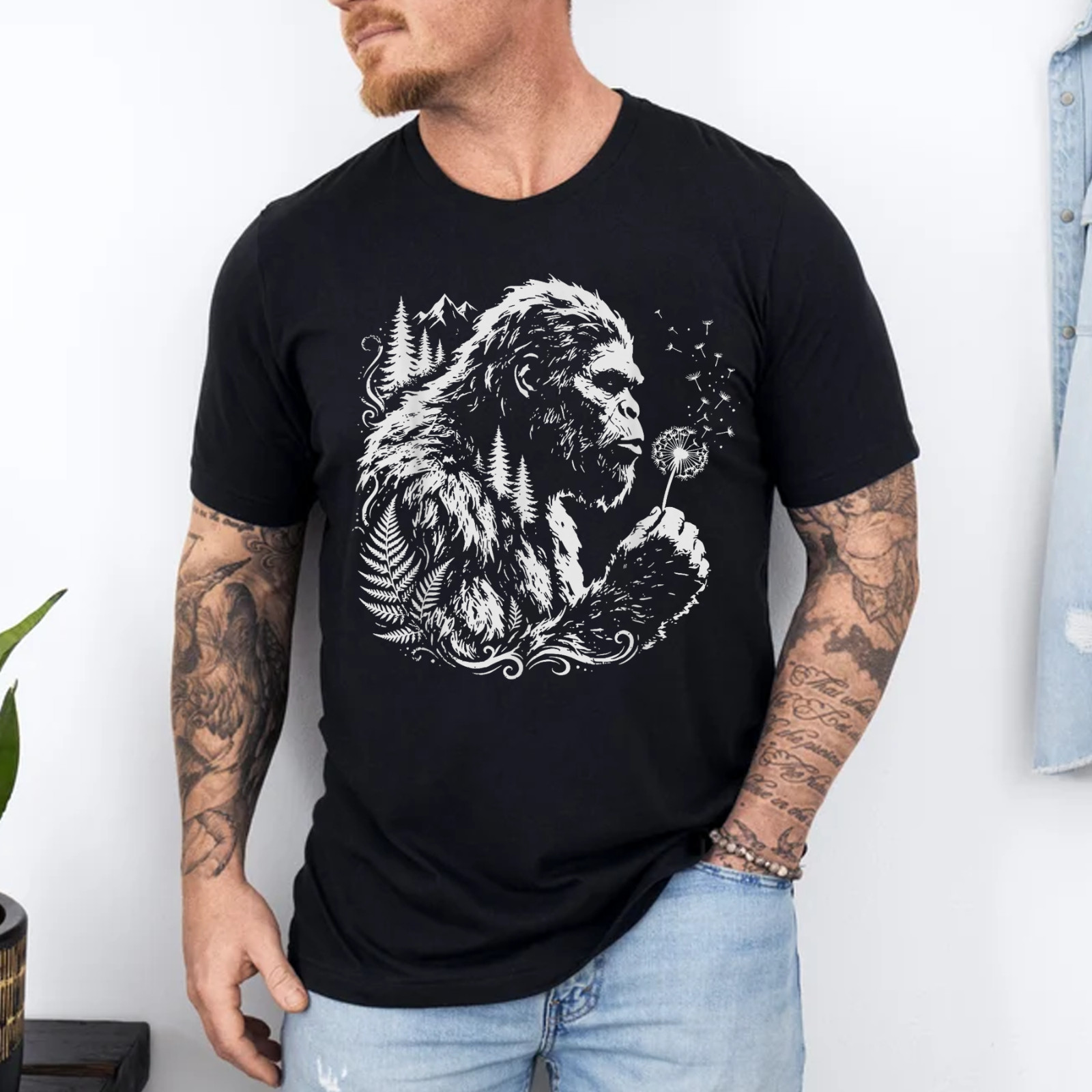Funny Bigfoot Blowing Wishes Dandelion Nature Vintage Art T-Shirt