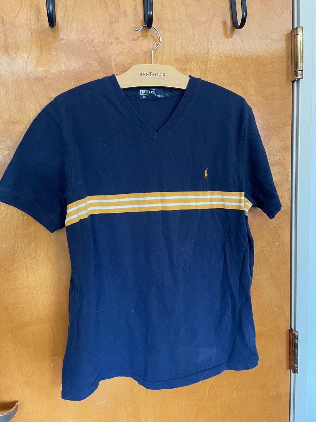 Vintage Polo Ralph Lauren Navy Blue V-Neck T-Shirt with Yellow and White Stripes gallery