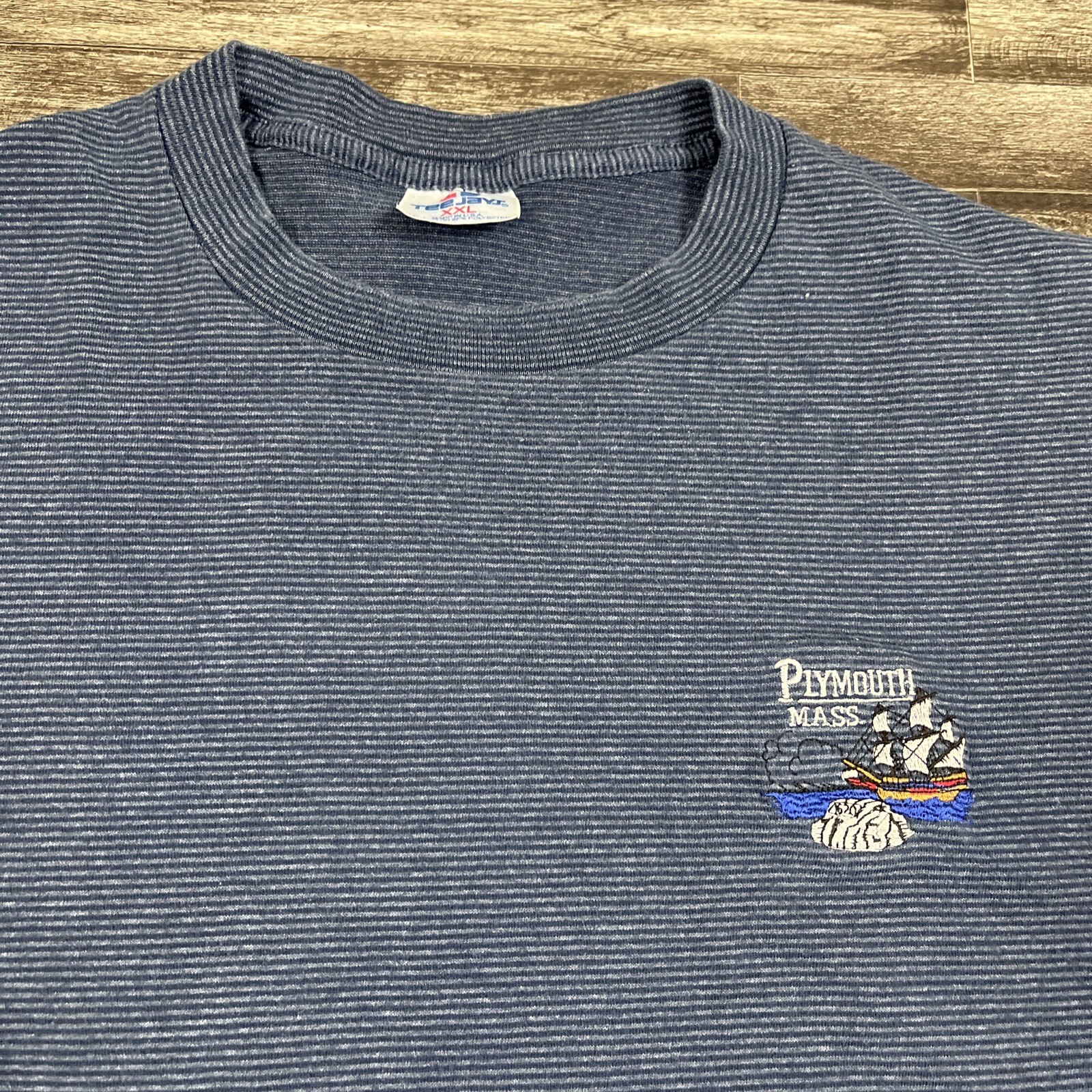 Vintage Plymouth Mass Souvenir Single Stitch Shirt XXL 2XL Blue Striped USA Made gallery