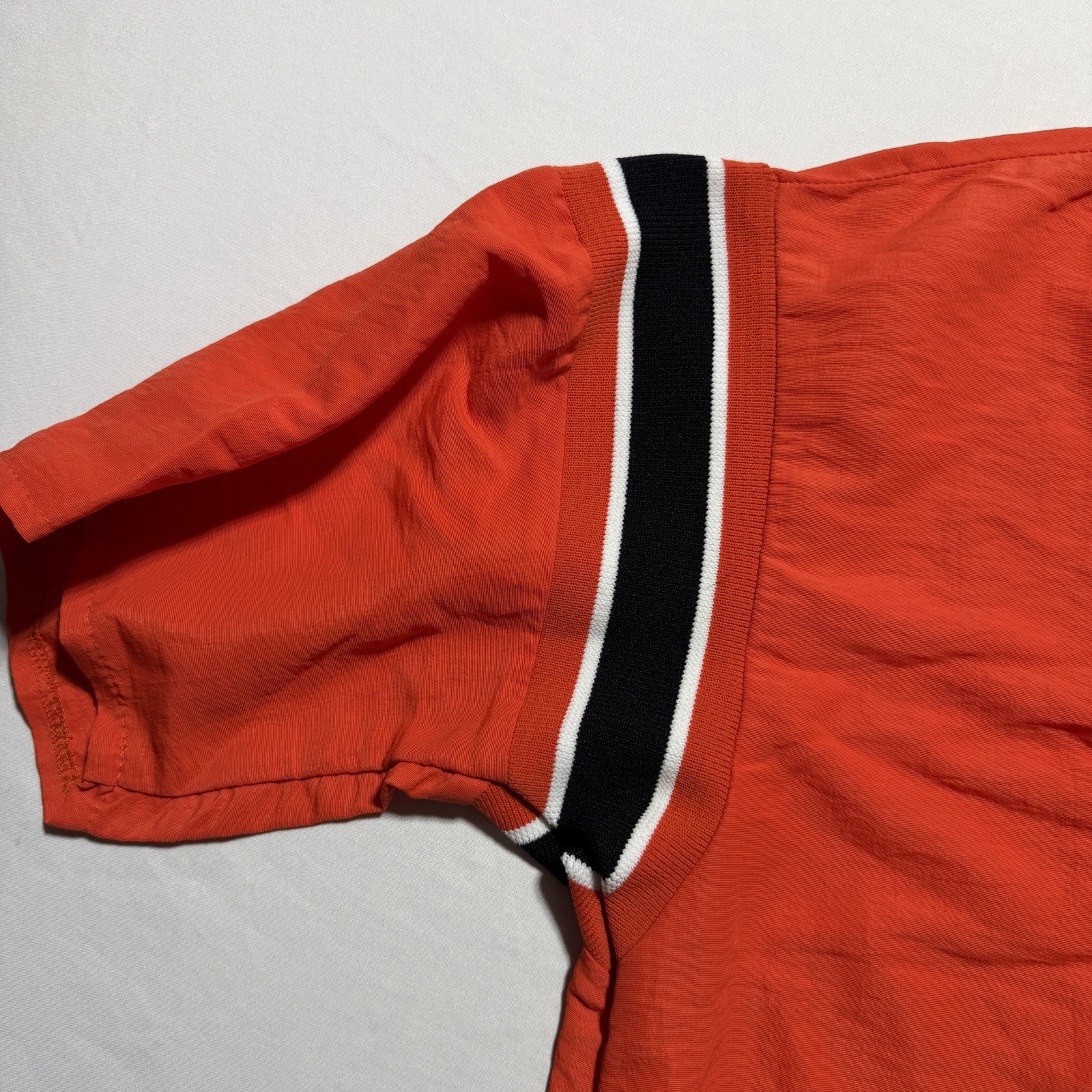 DeLong USA Vintage Nylon Pullover Shirt Medium Orange Black Stripe Drawstring gallery