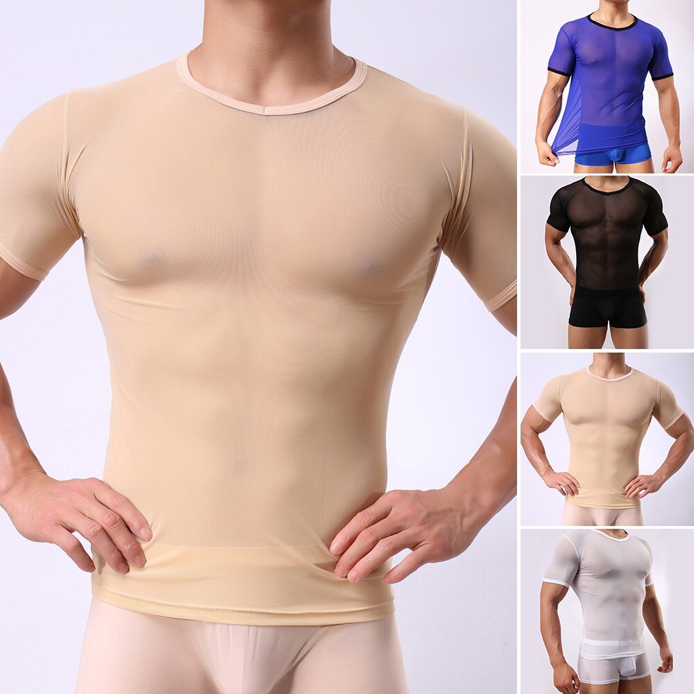 Fit T-Shirt Men Short Sleeve Top Tee Gym Stylish Short Sleeve Mesh Sheer Muscle gallery