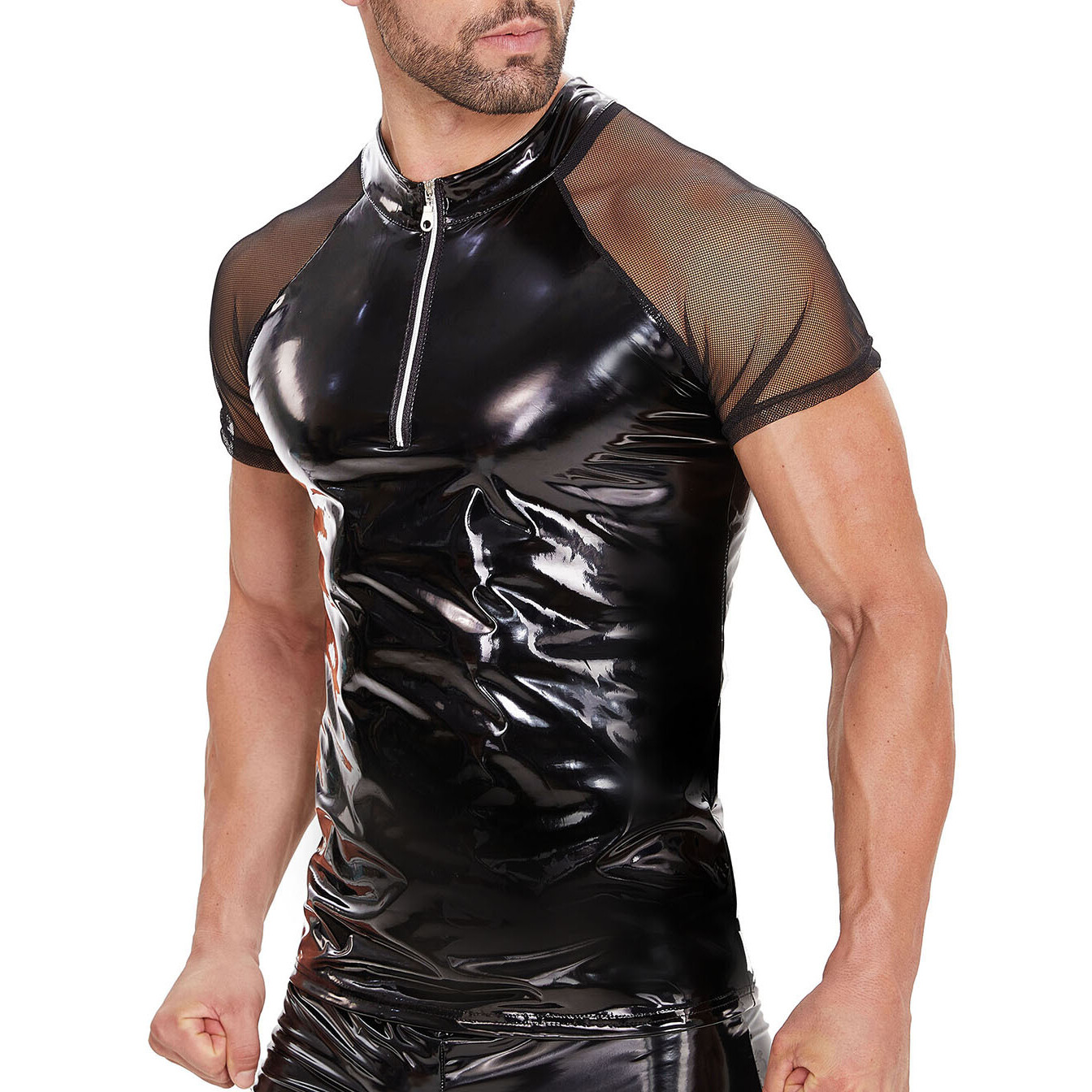 Men Shiny Wet Look PVC Leather T Shirts Short Sleeve Tees Zipper Mesh Sheer Tops gallery