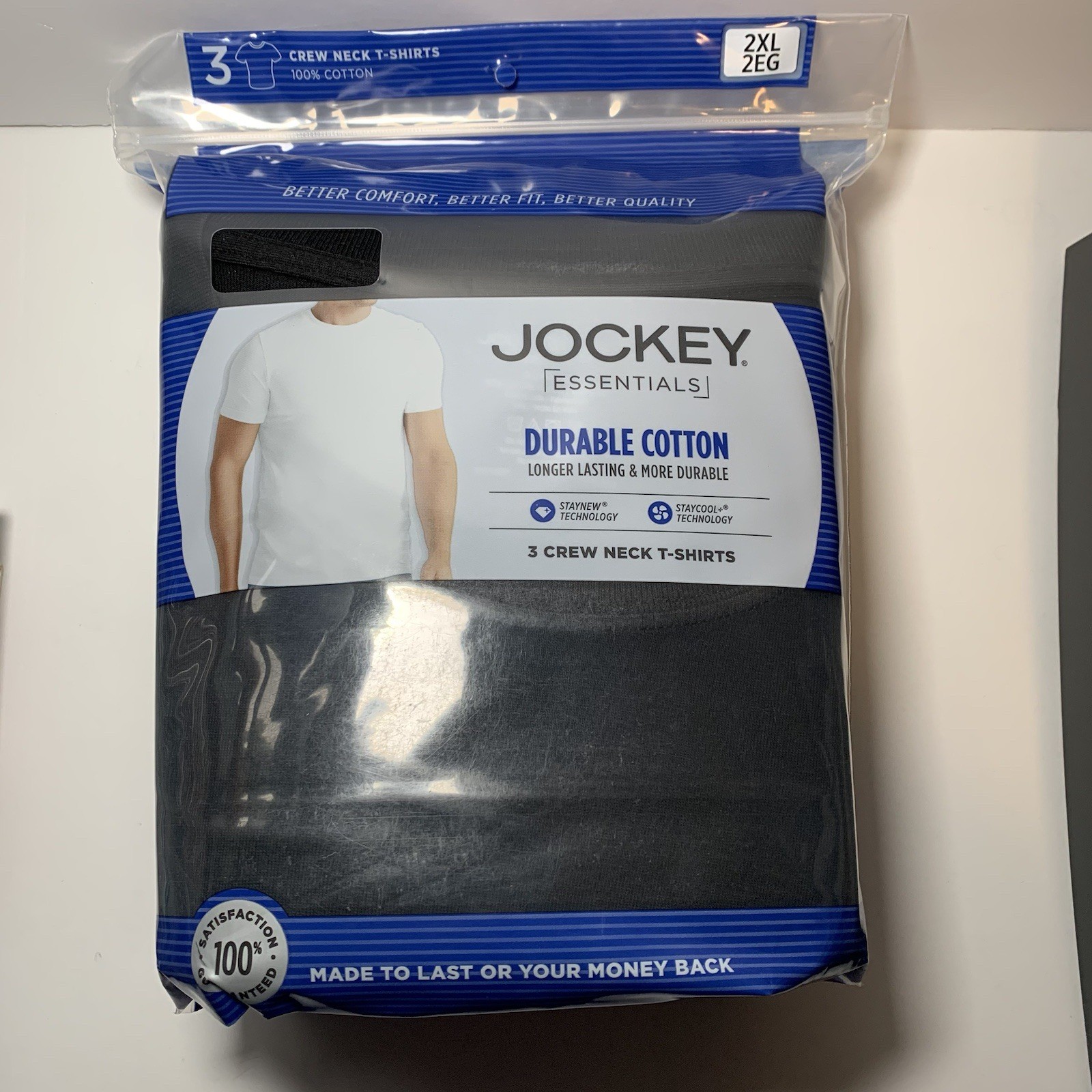 JOCKEY ESSENTIALS 3-Pack Men’s 2XL Crew Neck T-Shirts Durable Cotton – Black NEW