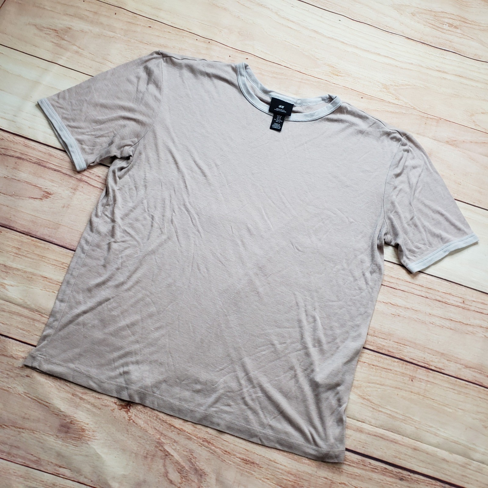 H&M Ringer Tee Men Medium Tan Short Sleeve Silk Wool Blend Regular Fit 1260005 1 gallery
