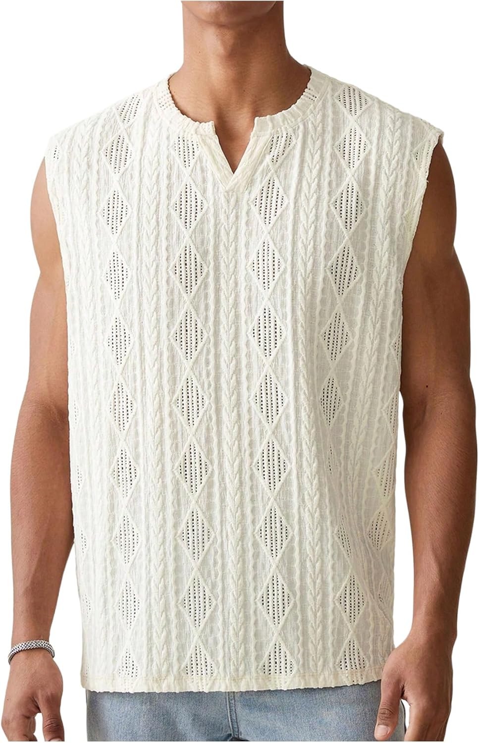 Men's Hollow Out Notch V Neck Tank Top Textured Sleeveless Summer Shirt Breathab gallery
