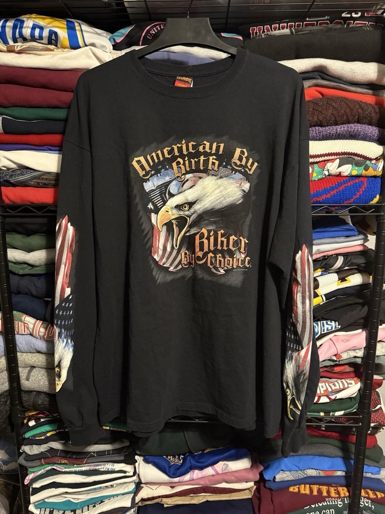 American By Birth Biker By Choice Long Sleeve T-Shirt Black Mens 3XL USA Eagle