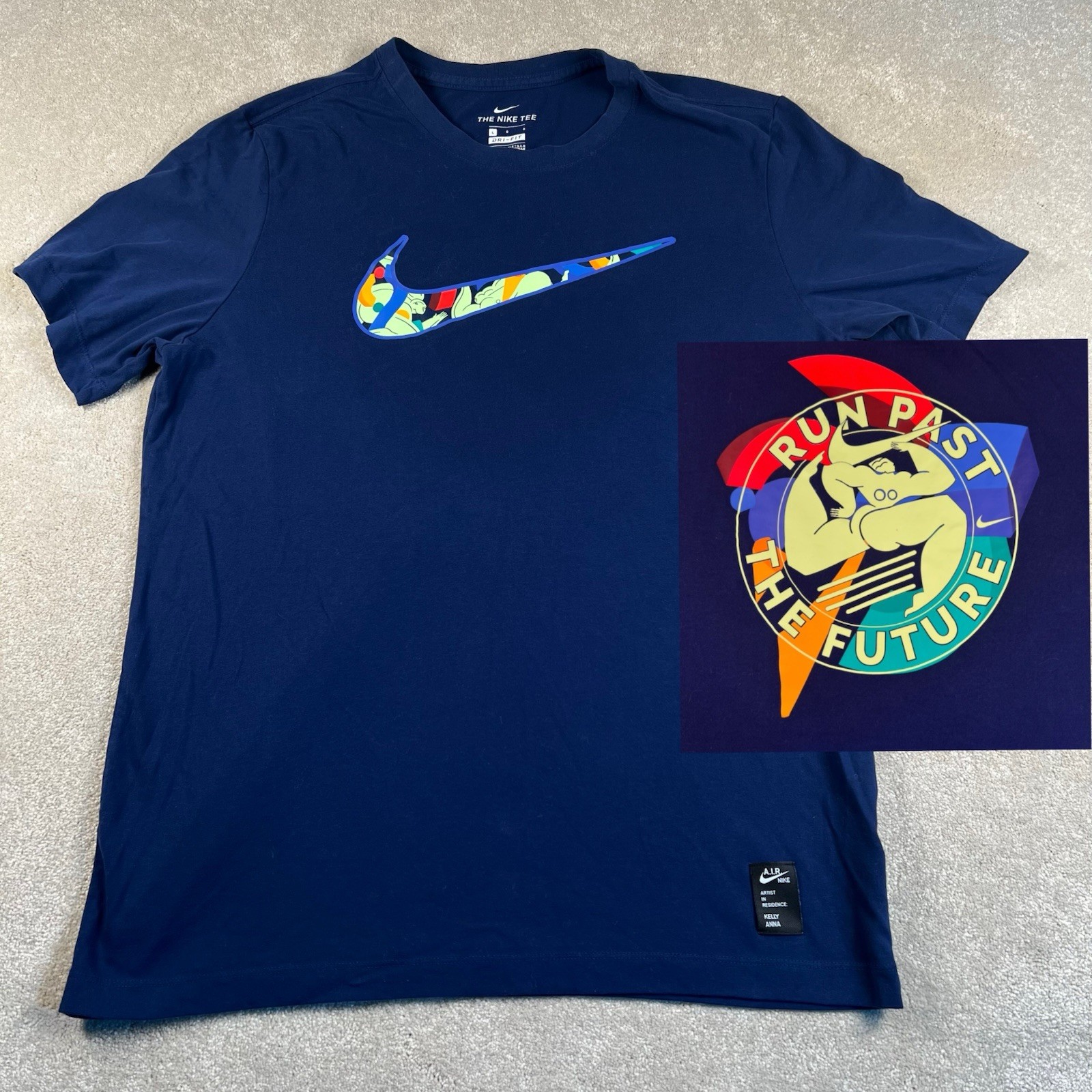 nike air x Kelly Anna Run Past The Future TShirt Navy Mens Large Dri Fit Graphic