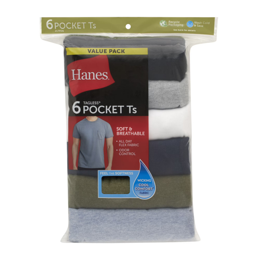 Hanes 6-Pack Pocket Tee Men's T-Shirt Soft and Breathable Assorted gallery