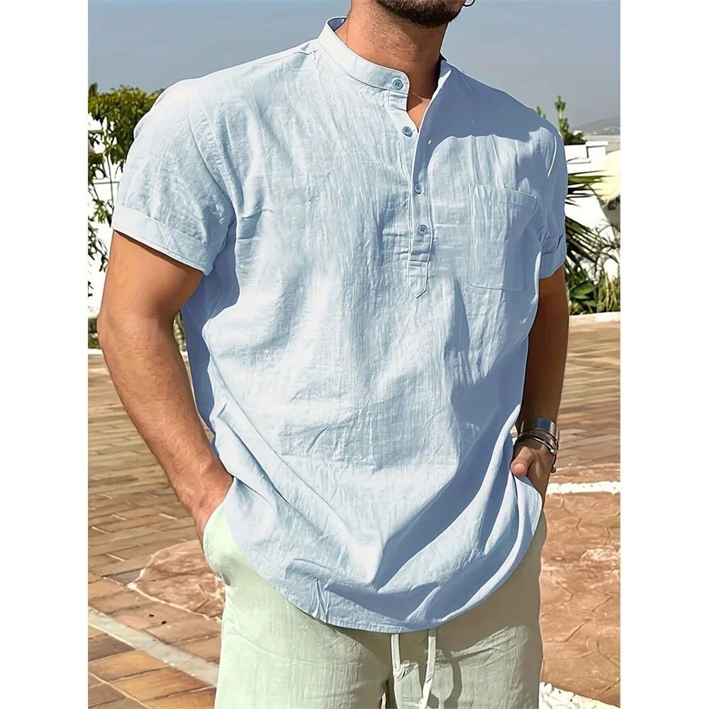 Men's Cotton Linen Henley Shirt Short Sleeve Casual Summer Tee gallery