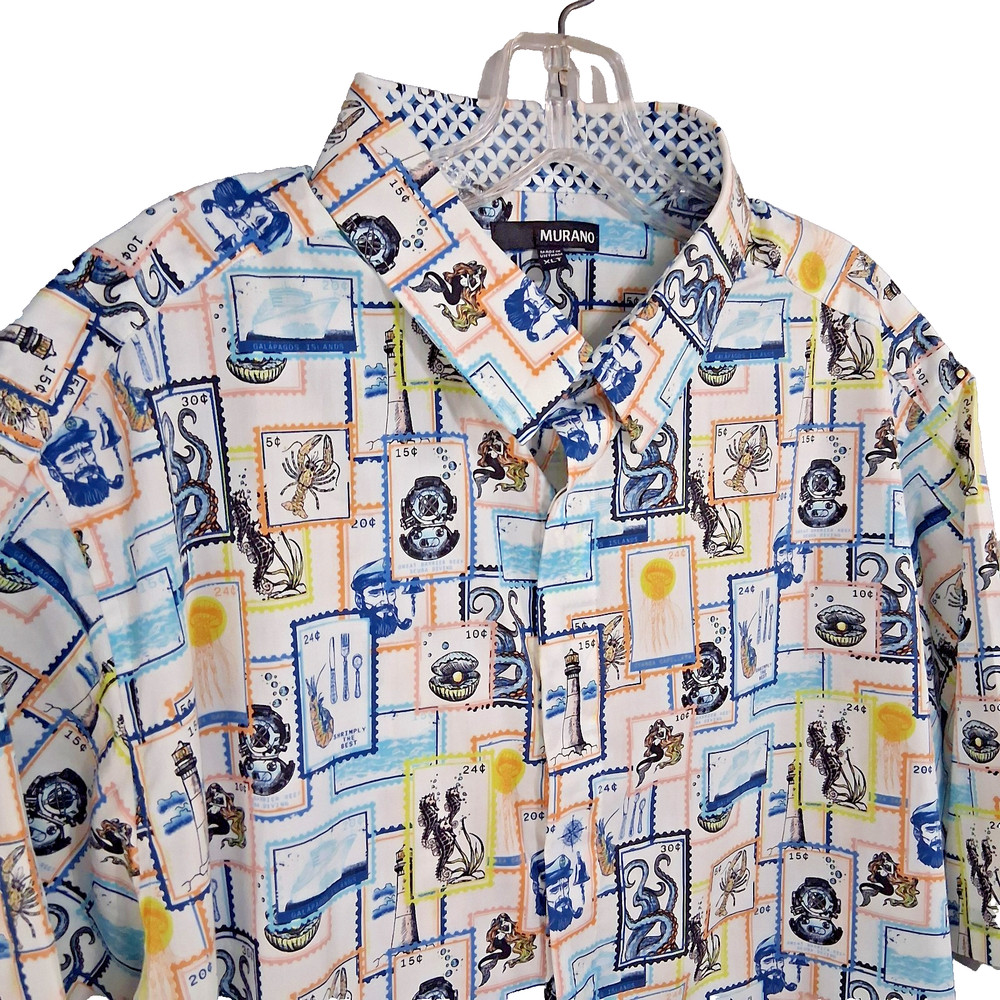 Murano Button Down Collared Nautical Theme Stamp XLT Short Sleeve Mens Shirt