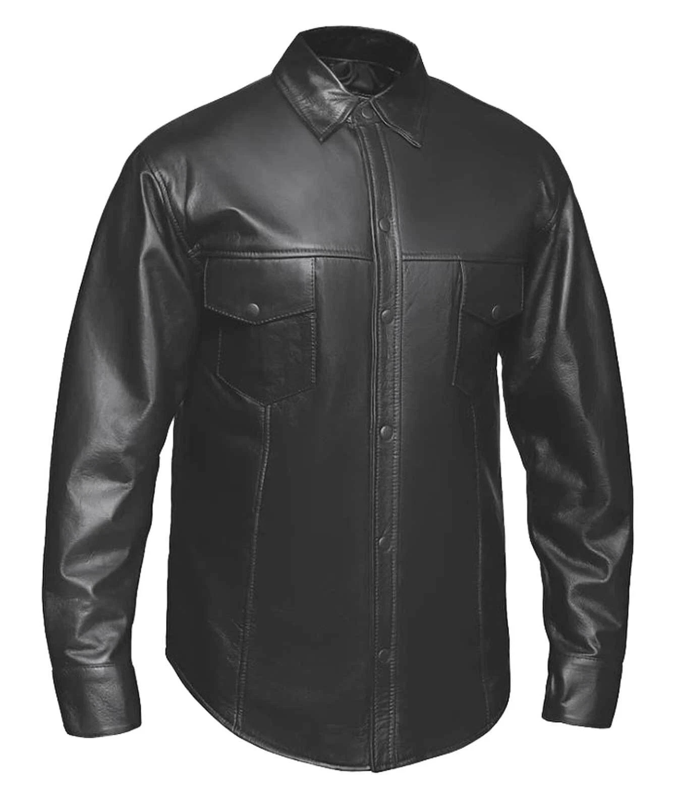 Men's Premium Lightweight Goatskin Leather Snap Shirt Jacket - Black Size XL gallery