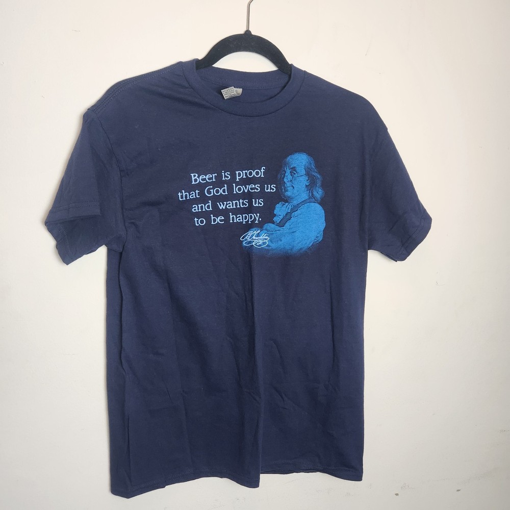 Benjamin Franklin Beer Quote T-Shirt Blue Funny Drinking Graphic Tee Mens M