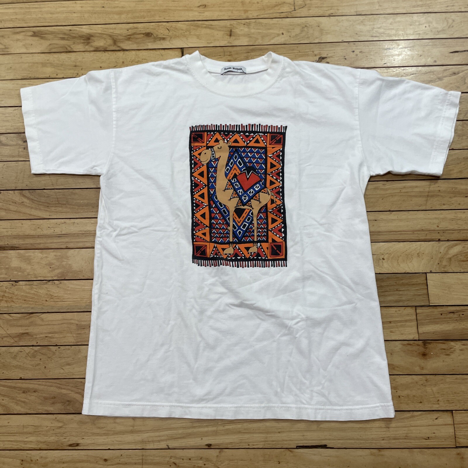 Susan Walpole Shirt Adult L Crop Art Camel Rug Geometric Graphic White Orange gallery