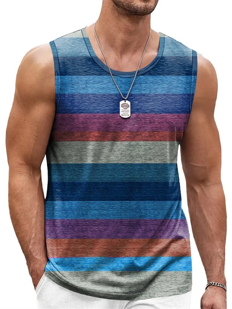 Retro Striped 3D Graphic Tank Top for Men – Sleeveless Quick-Dry Summer Vest gallery