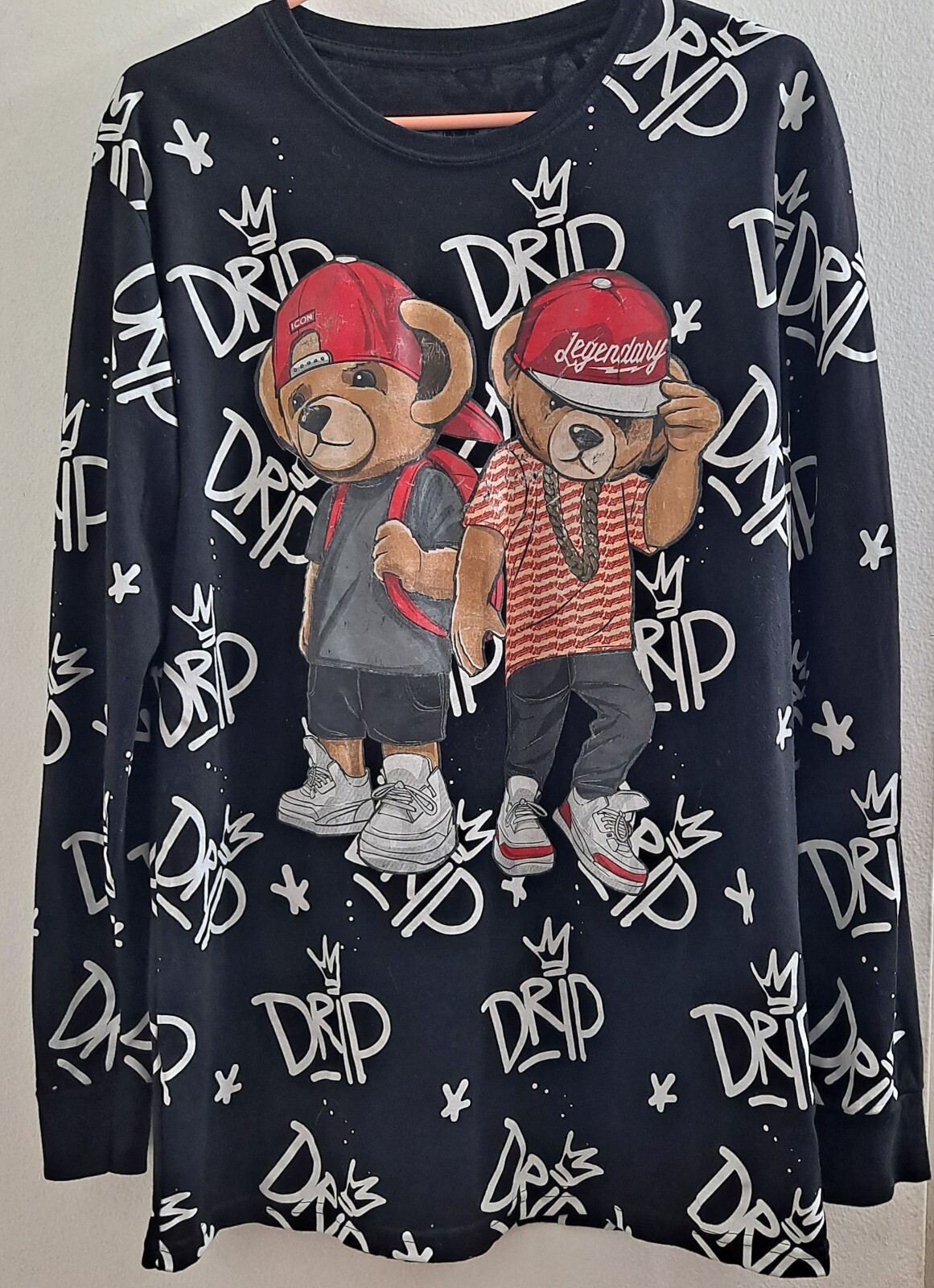 Bailey Apparel Shirt Mens Large Black Drip All Over Print Bear Legend Streetwear