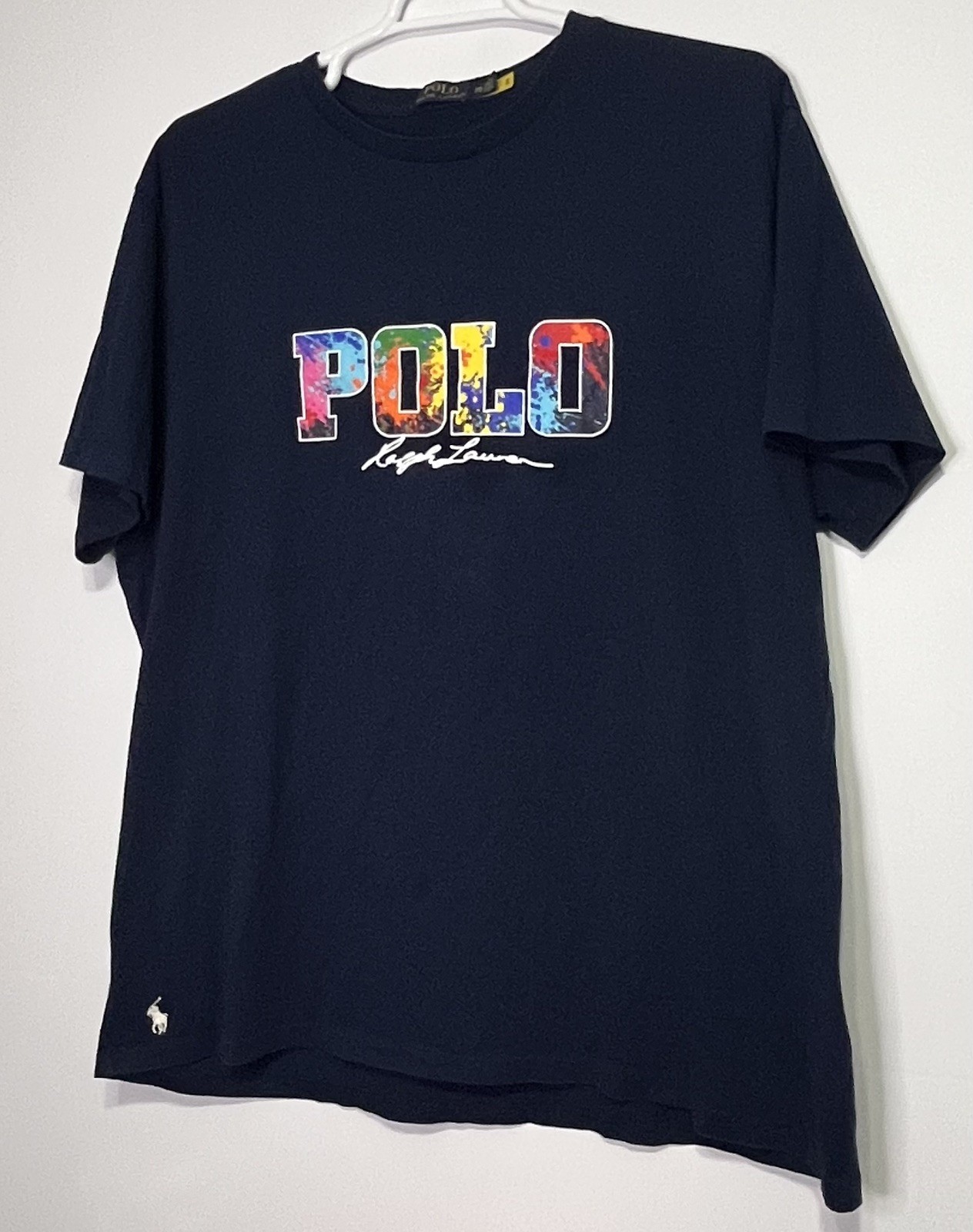 Polo Ralph Lauren Men's Paint Splatter Spell Out T-Shirt in Blue 2XS / 2TG EUC gallery
