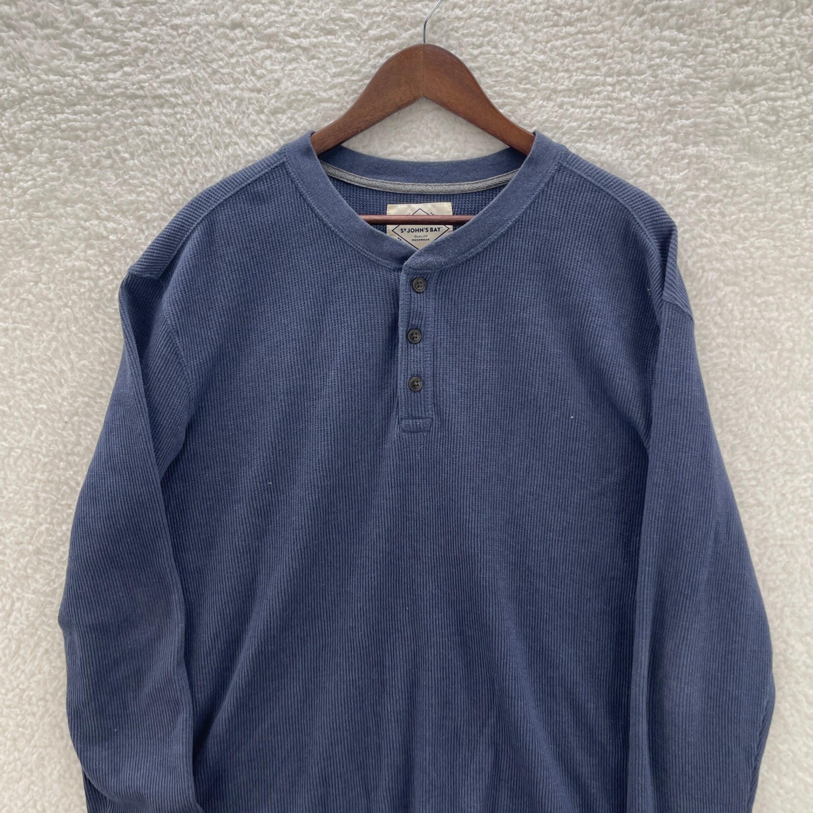 St Johns Bay Shirt Mens XL Blue Waffle Knit Thermal Henley Grunge Y2K Granola gallery