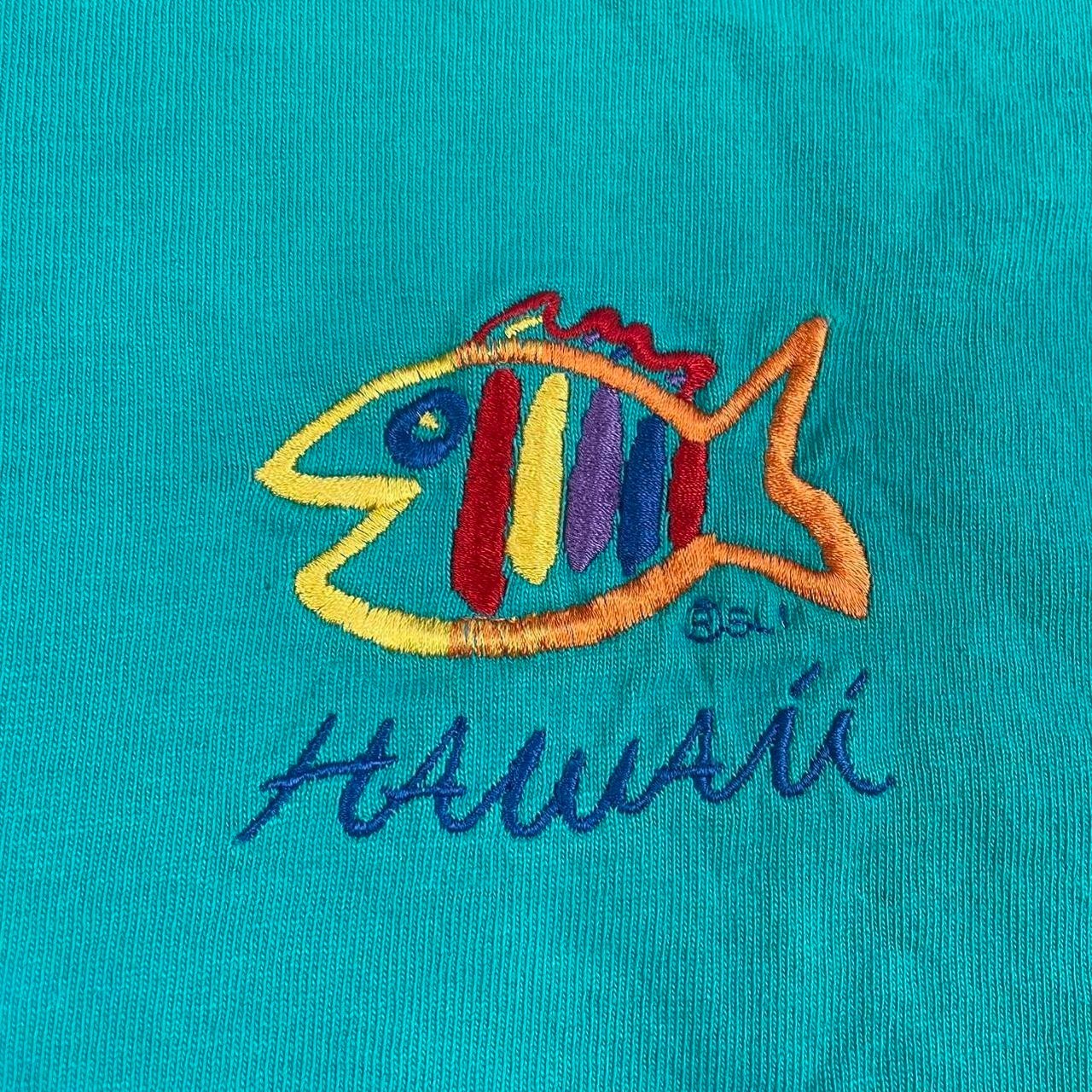 Vintage 90s Hawaii Embroidered T-Shirt Teal Fish Graphic Beach Made in USA XL gallery