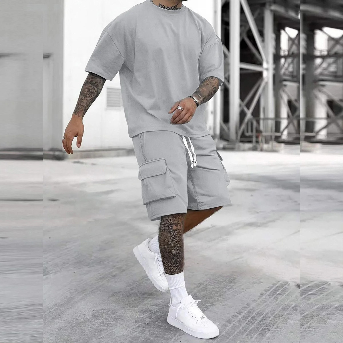 2 Pack Men's Cargo Pants & T Shirt Set Multi Pocket Casual Athletic Outfit gallery