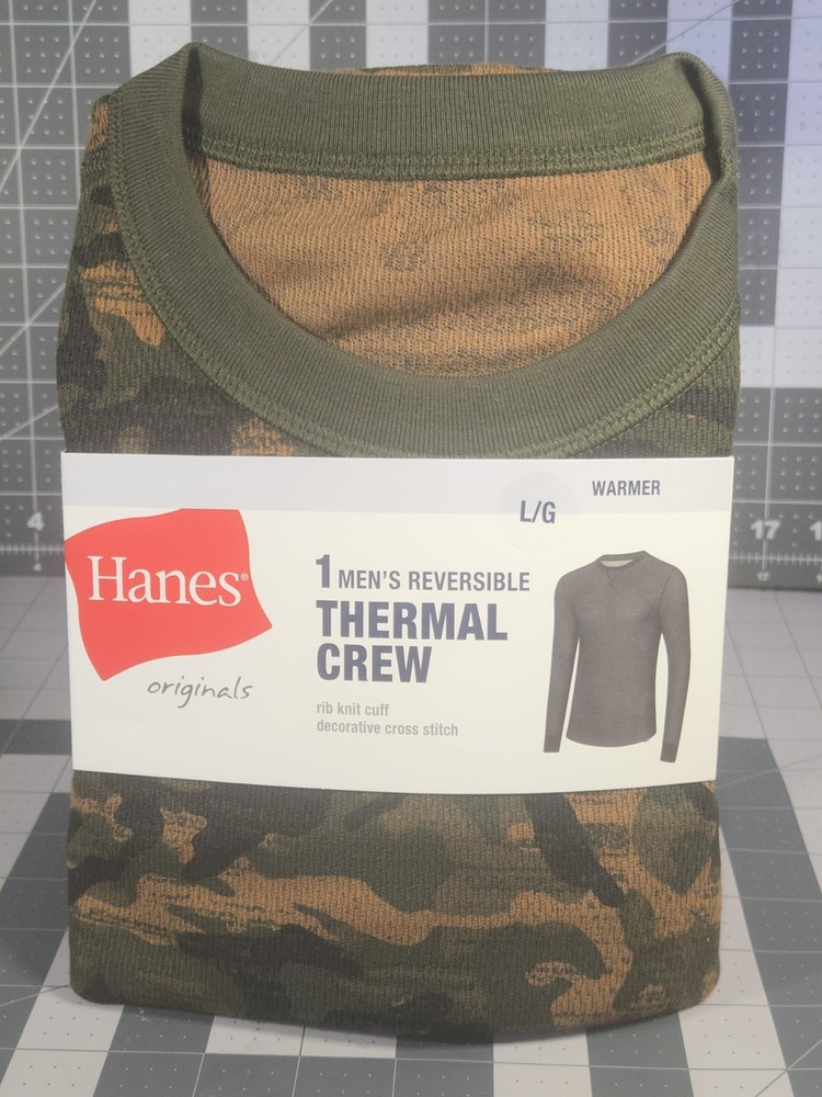 Hanes Men’s Reversible Thermal Crew Top Long Sleeve Shirt Camo L/G Large –