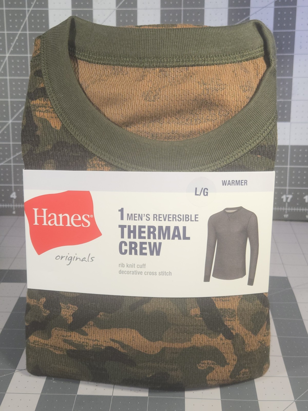 Hanes Men’s Reversible Thermal Crew Top Long Sleeve Shirt Camo L/G Large –