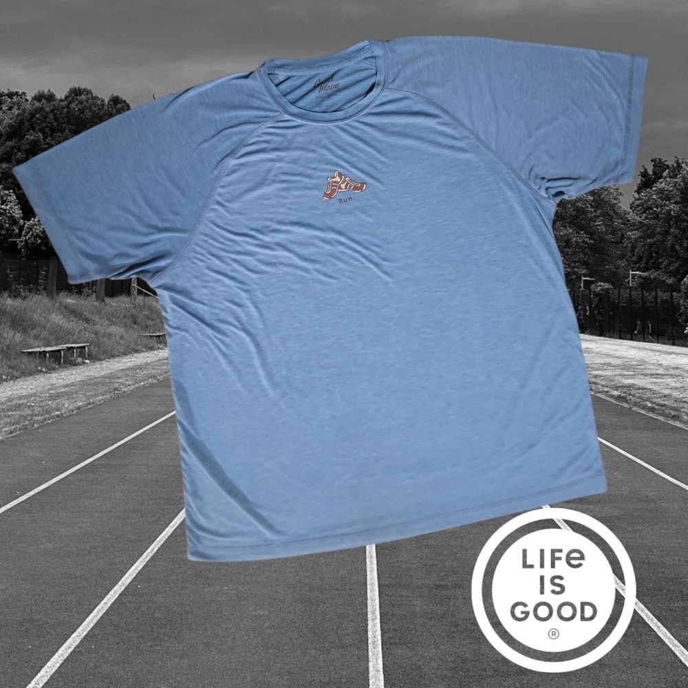 Life Is Good Men’s Good Move Semi Fitted Running Sneakers Tee Blue XL FLAW