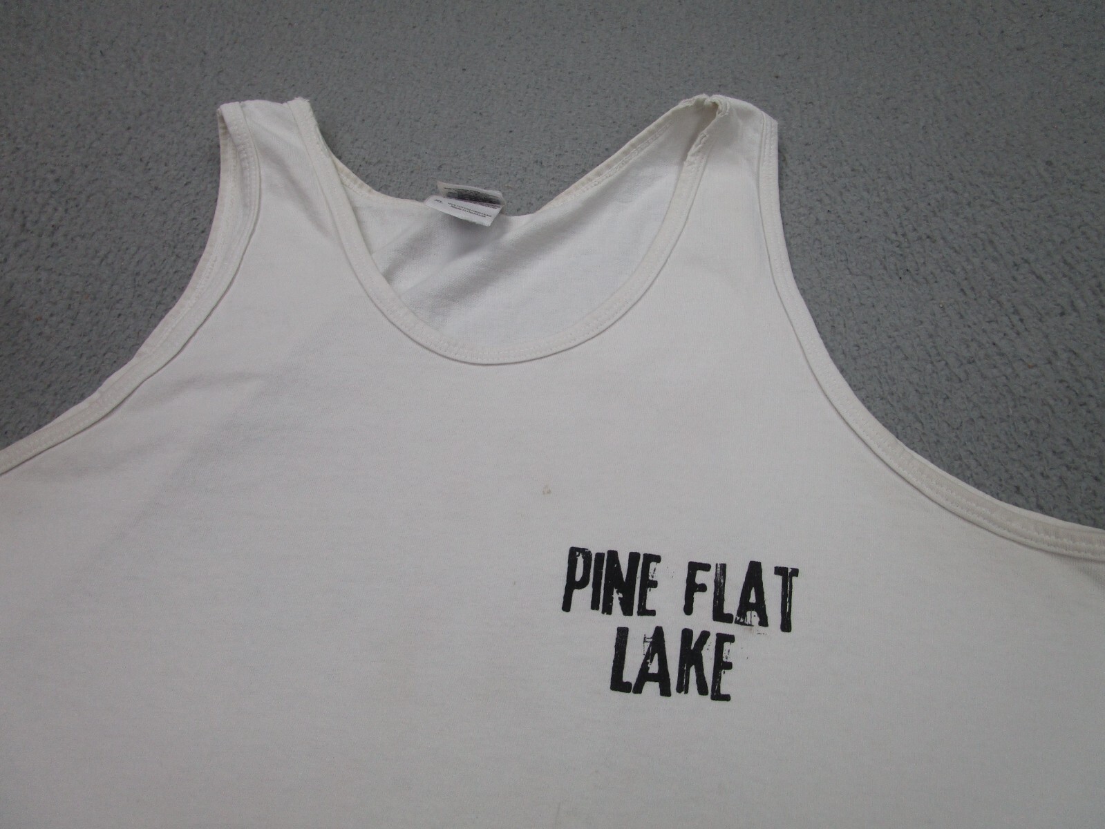 VINTAGE Pine Flat Lake Shirt Mens XL White Grunge Fisherman Tank Top Boat Marina gallery
