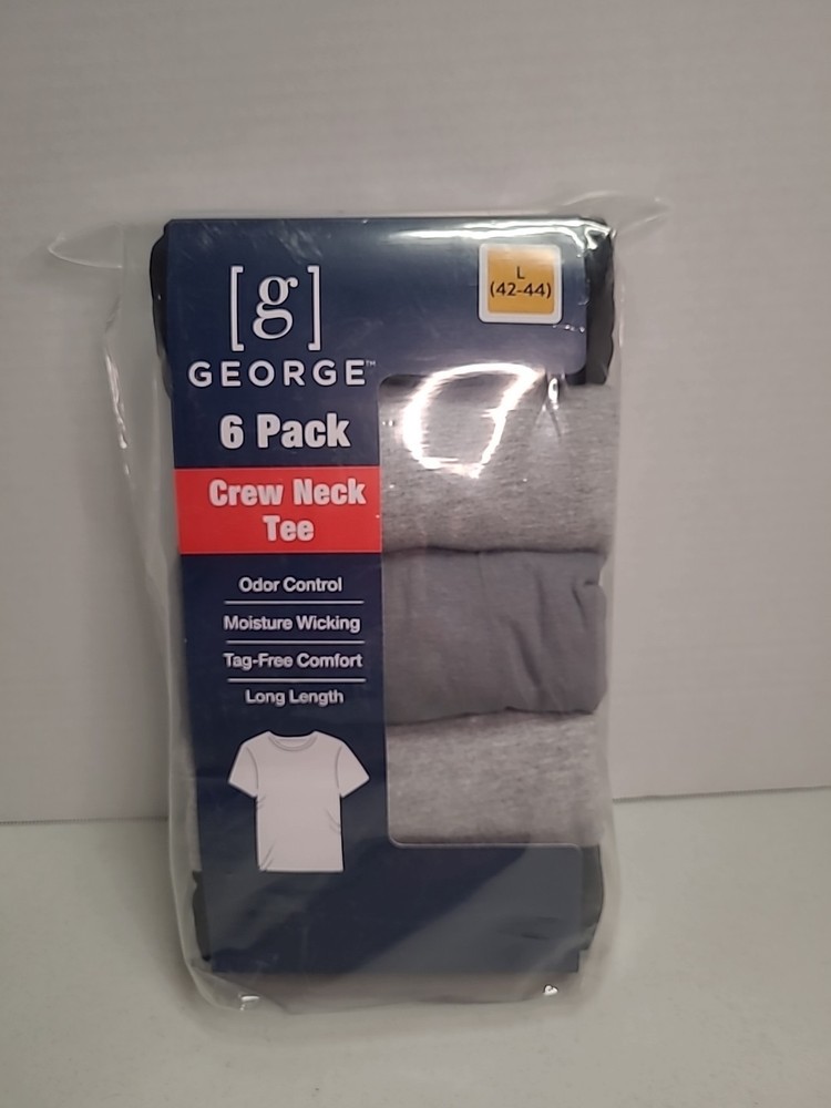 George Men’s Assorted Crew T-Shirts, 6-Pack, Large 42-44 Long Length, Odor Ctrl