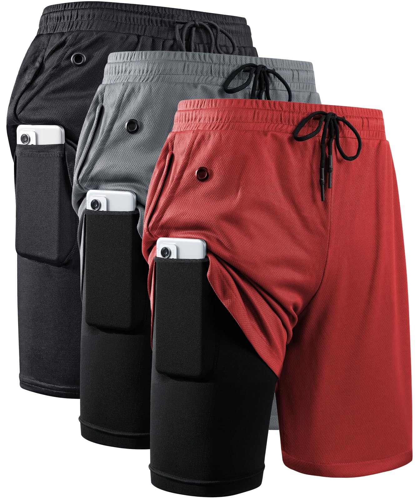 JWJ 3 Pack Men’s 2 in 1 Workout Running Large, 3 Black / Dark Grey / Red