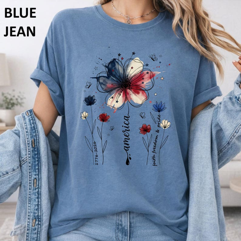 Comfort Colors American Floral Shirt Patriotic Wildflower USA 250th Tee gallery