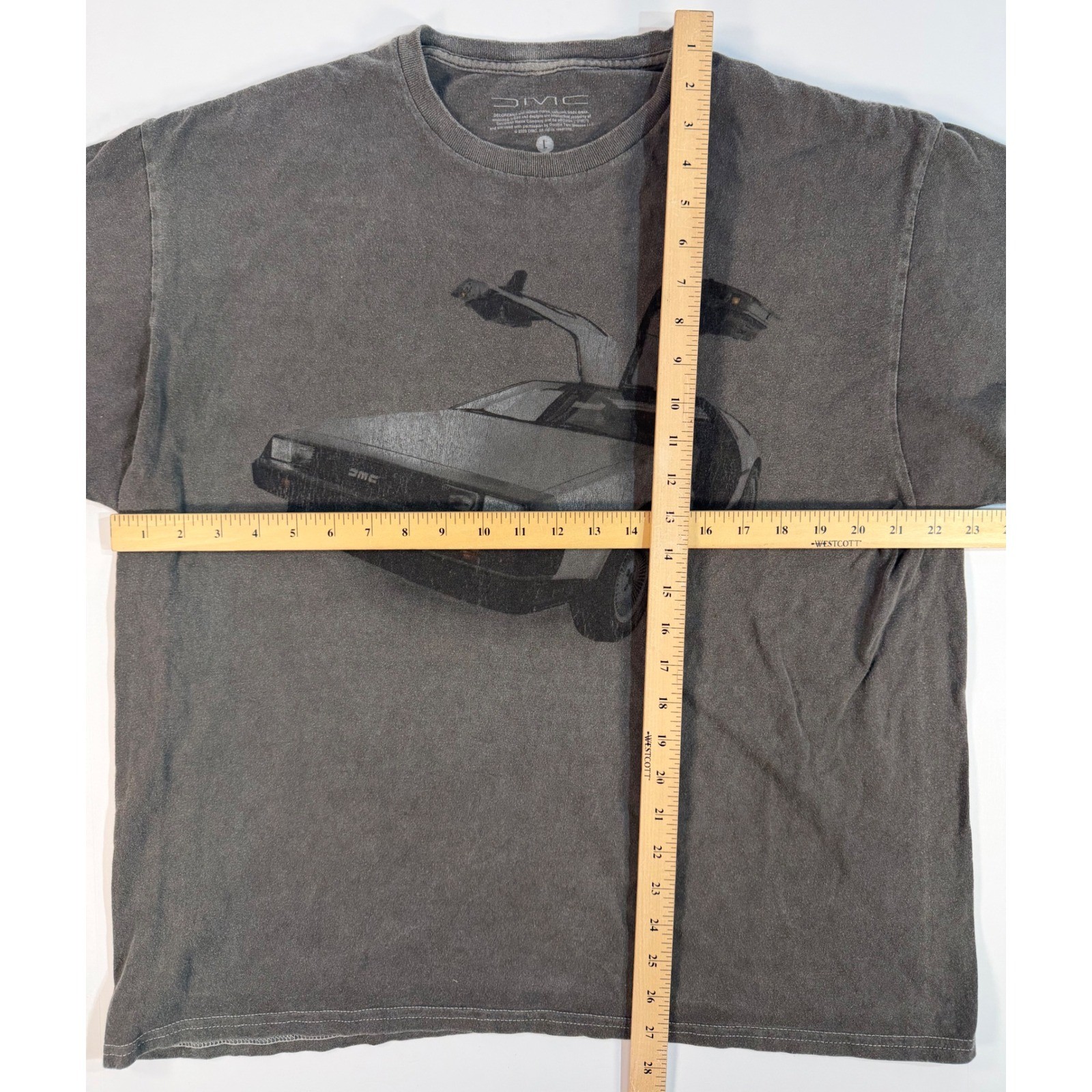 DMC DeLorean Car Graphic T-Shirt Mens Large Gray Acid Wash Goodie Two Sleeves gallery