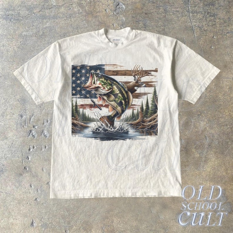 Vintage USA Bass & Deer 90s Style T-Shirt Retro Wildlife Hunter Fishing Tee