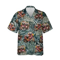Mens Button Down Cute Raccoon Pineapple Hawaiian Top Novelty Summer Shirt