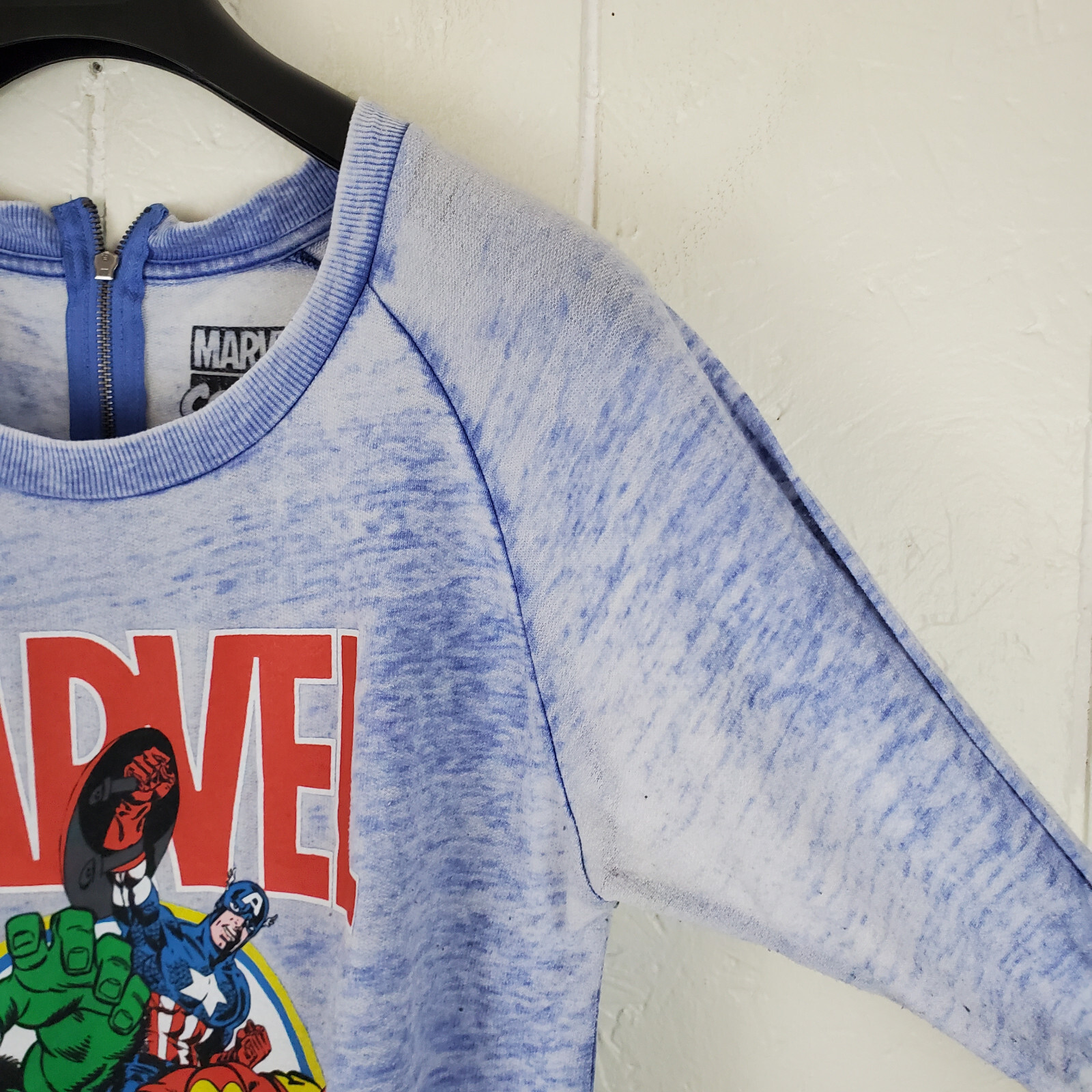 Marvel Shirt Men Medium Blue Graphic Scoop Neck Long Sleeve Sheer Zipper Stretch gallery