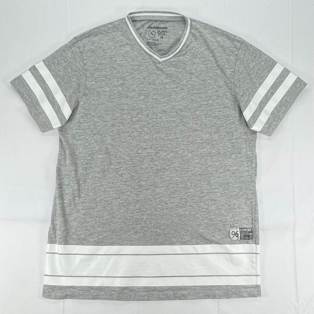Burnside 96 T-Shirt Mens Medium Gray with White HTV Stripes Stretch For Comfort