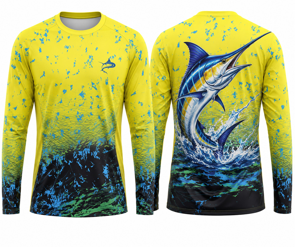 Marlin Fishing Long Sleeve Shirt Yellow Performance UV Sun Protection