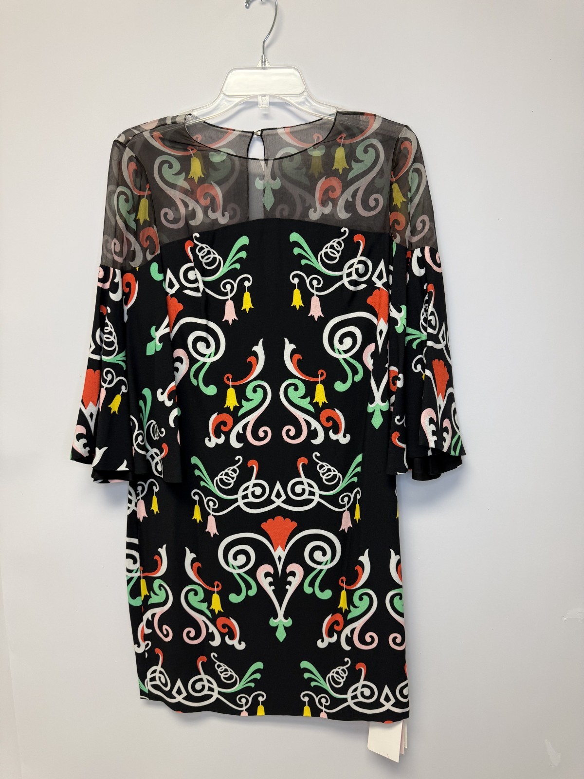 Honor Bell Sleeve Tunic Dress Sheer Yoke Black Multicolor Print Size 6 NWT