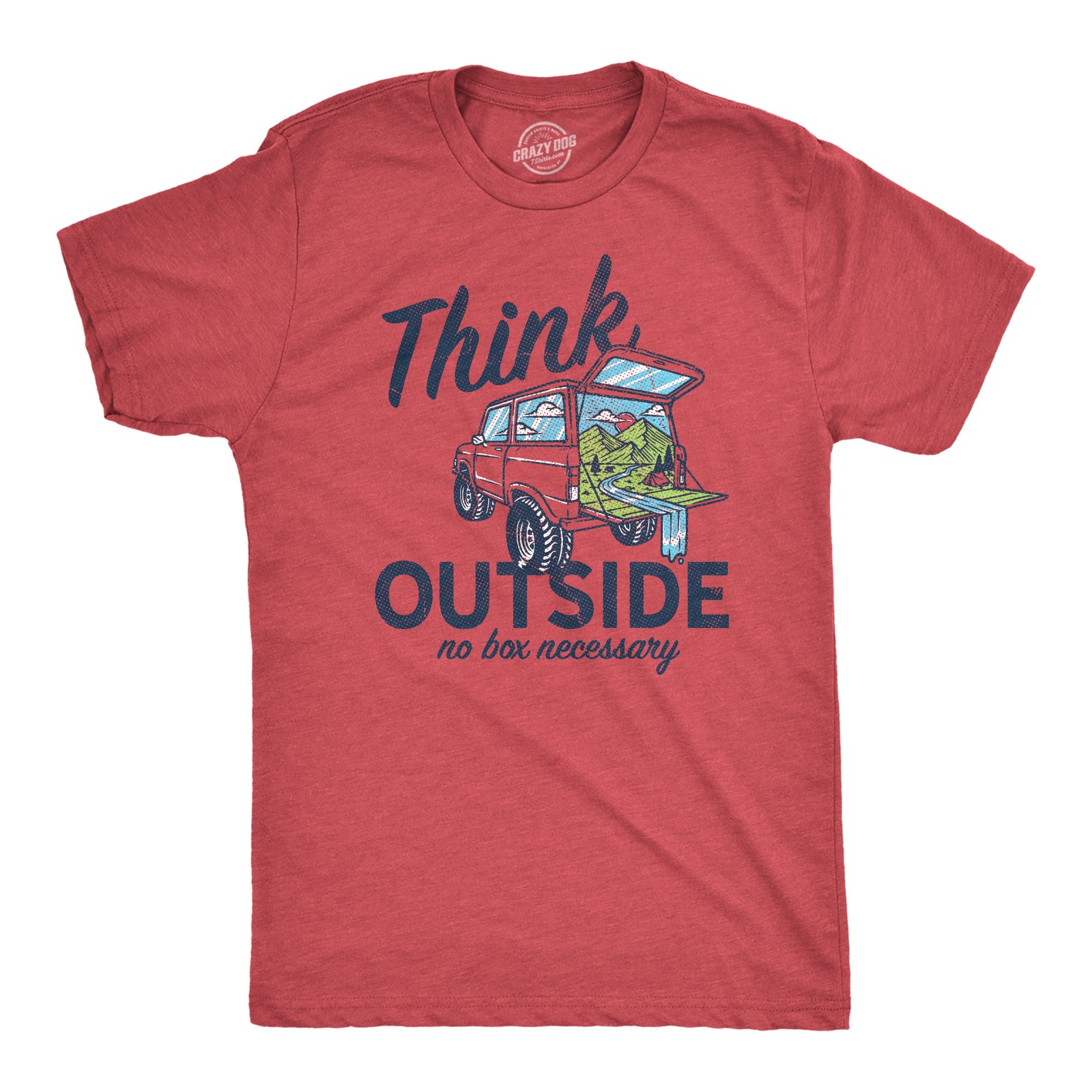Mens Think Outside No Box Necessary Funny Camping Vintage Car Trunk T shirt gallery