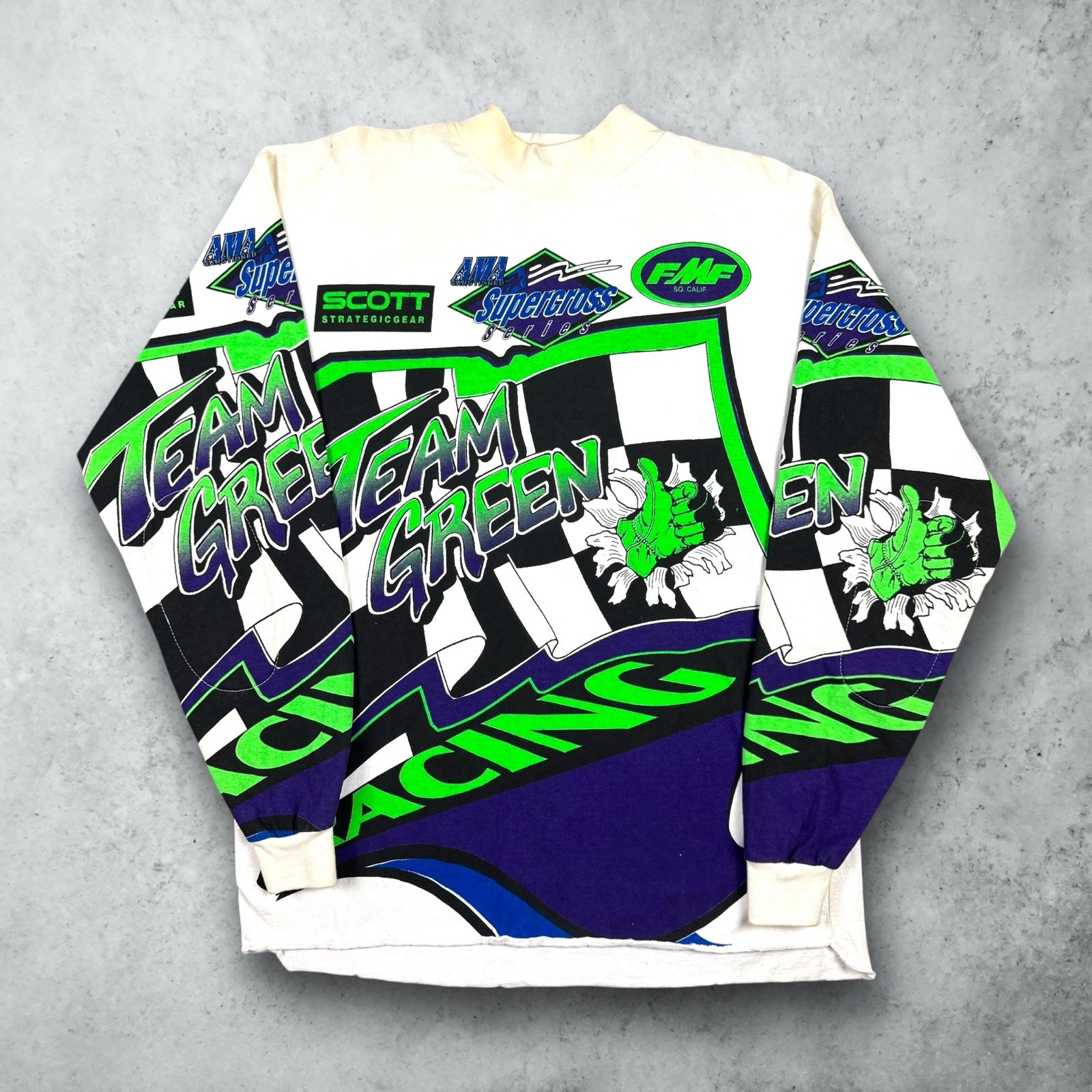 Vintage 90s Team Green Supercross Motorcycle AOP Racing Jersey Shirt Size XL gallery