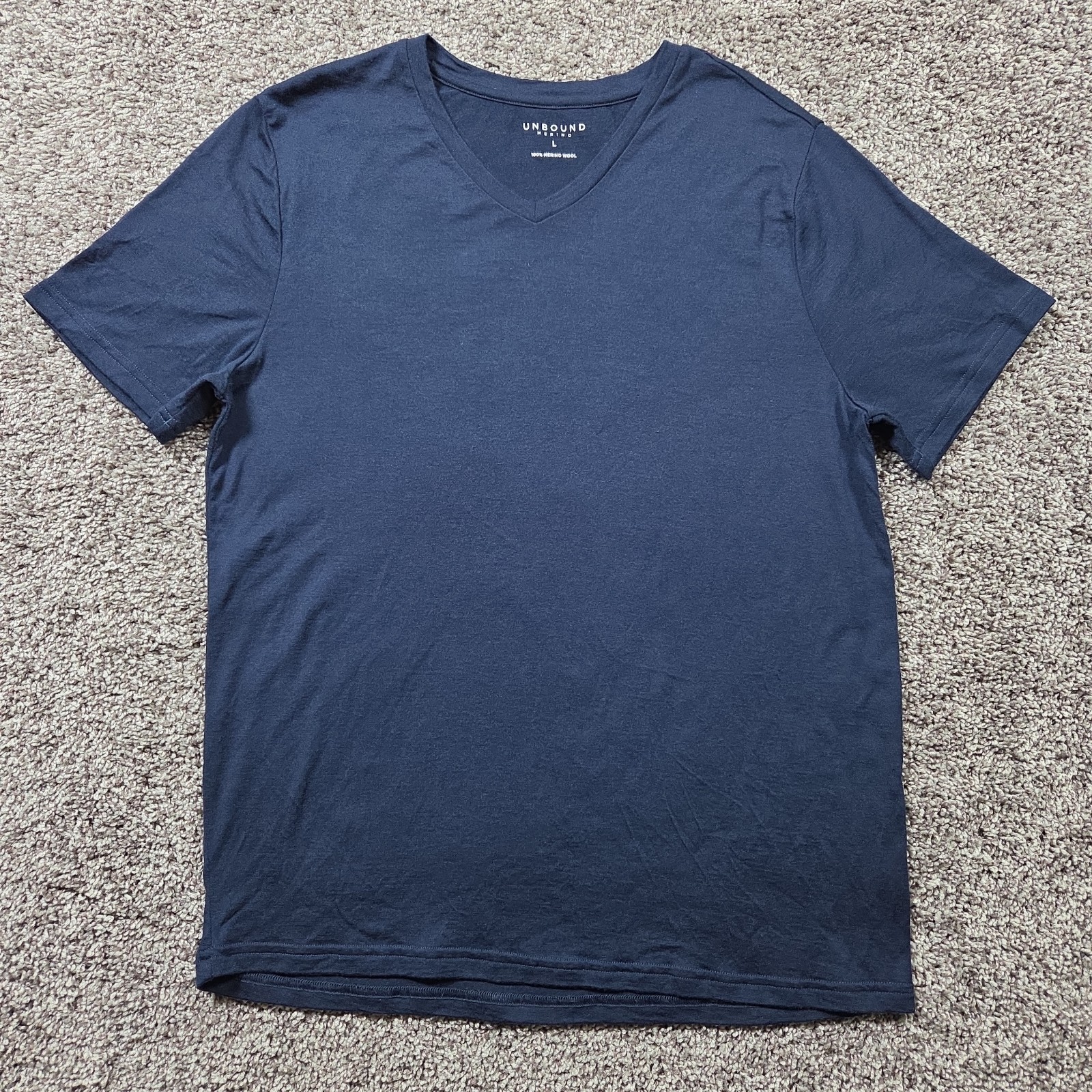 UNBOUND Shirt Men's Large Dark Blue 100% Merino Fine Wool V-Neck Jersey T-Shirt gallery