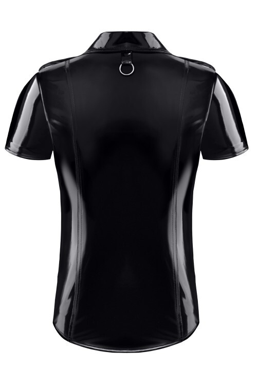Men’s Black Shiny PVC Shirt Slim Fit Snap Button Stand Collar Top gallery
