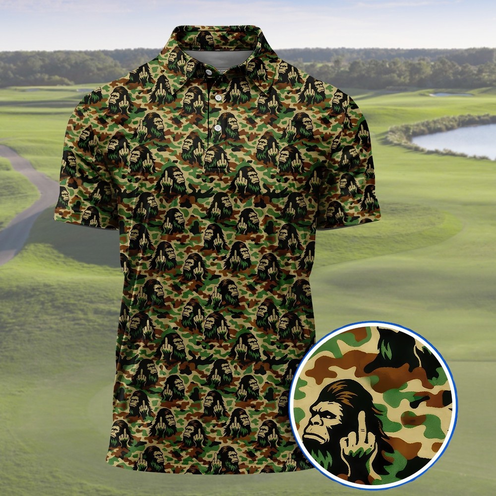 Bigfoot Golf Polo Shirt, Camo Sasquatch Middle Finger Golfer Dad Gift (S-5XL)