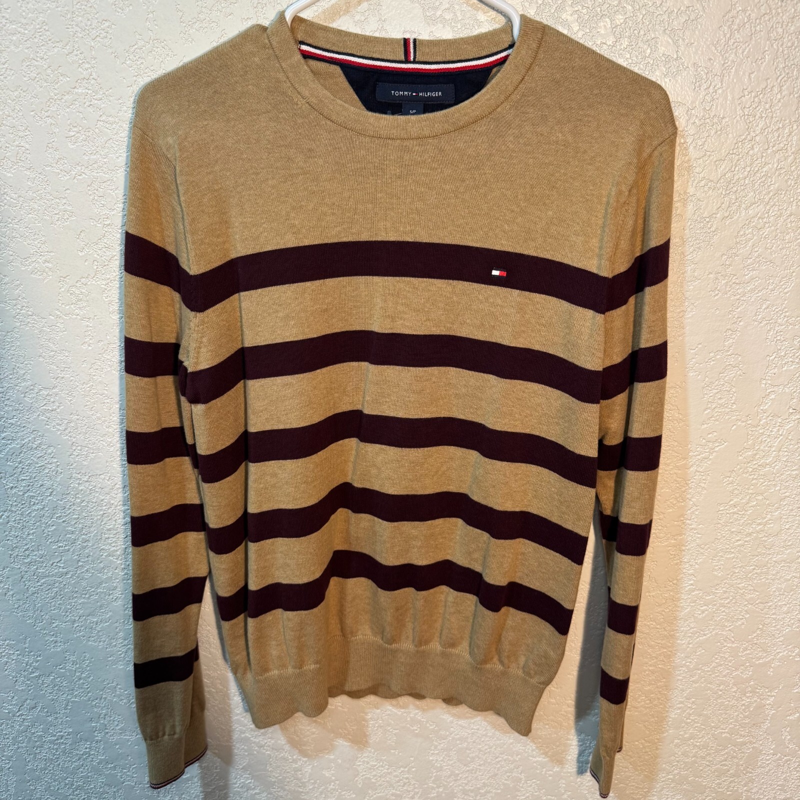 Tommy Hilfiger Long Sleeve Stripped Mens Sweat Shirt-Color Biege with Maroon gallery