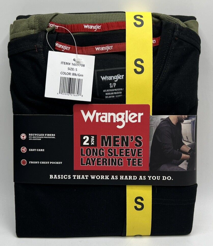 Men’s Size Small Wrangler 2-Pack Long Sleeve Layering Tees Shirts Black & Green